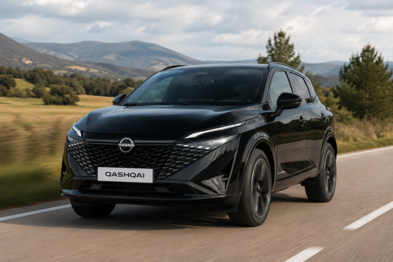 Schwarzer Nissan Qashqai e-POWER auf Landstraße im direkten Vergleich zum VW Tiguan.